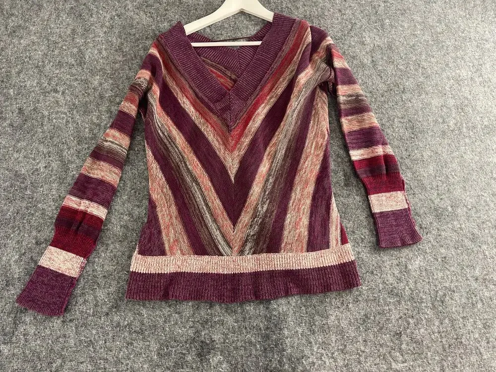 Free People Sweater Women Small Purple Striped Pullover V Neck Shirt Wool N126